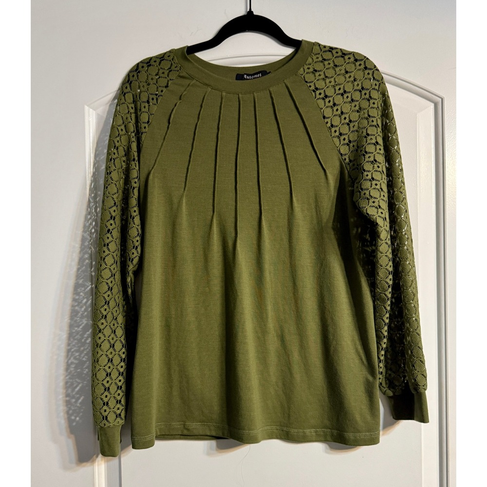 Automet Lace Sleeve Top Women's M Olive‎ Green Pleated Pintuck Blouse